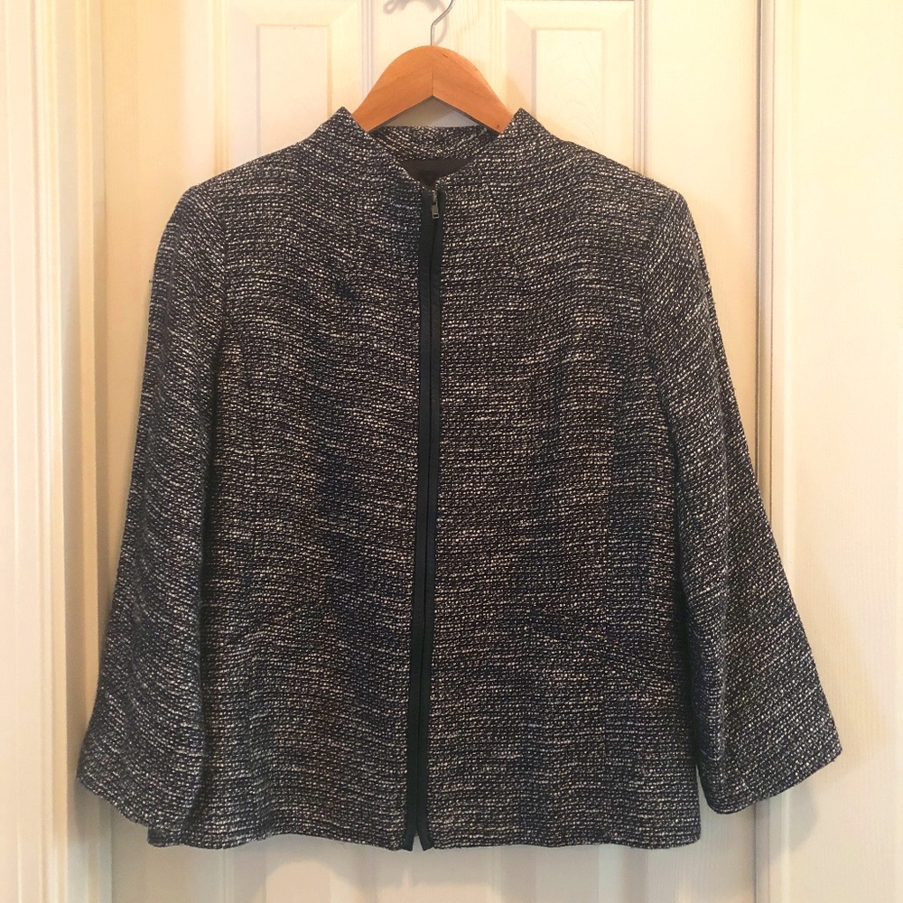 NWT Eileen Fisher Black/White Tweed Zippered Jacket with Faux Leather Trim/Large